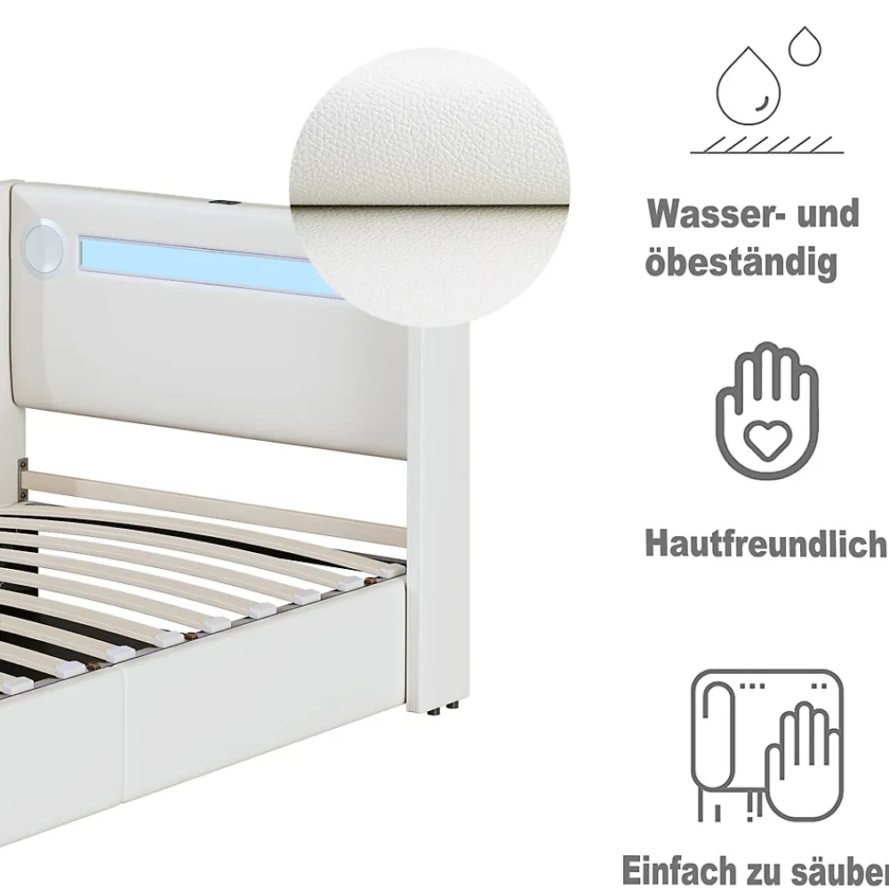 Okwish Lit Coffre 90x200 cm - Lit enfant capitonné avec LED, Lecteur Bluetooth et Port USB, Coffre de Rangement Simili Cuir Blanc* Lit Coffre