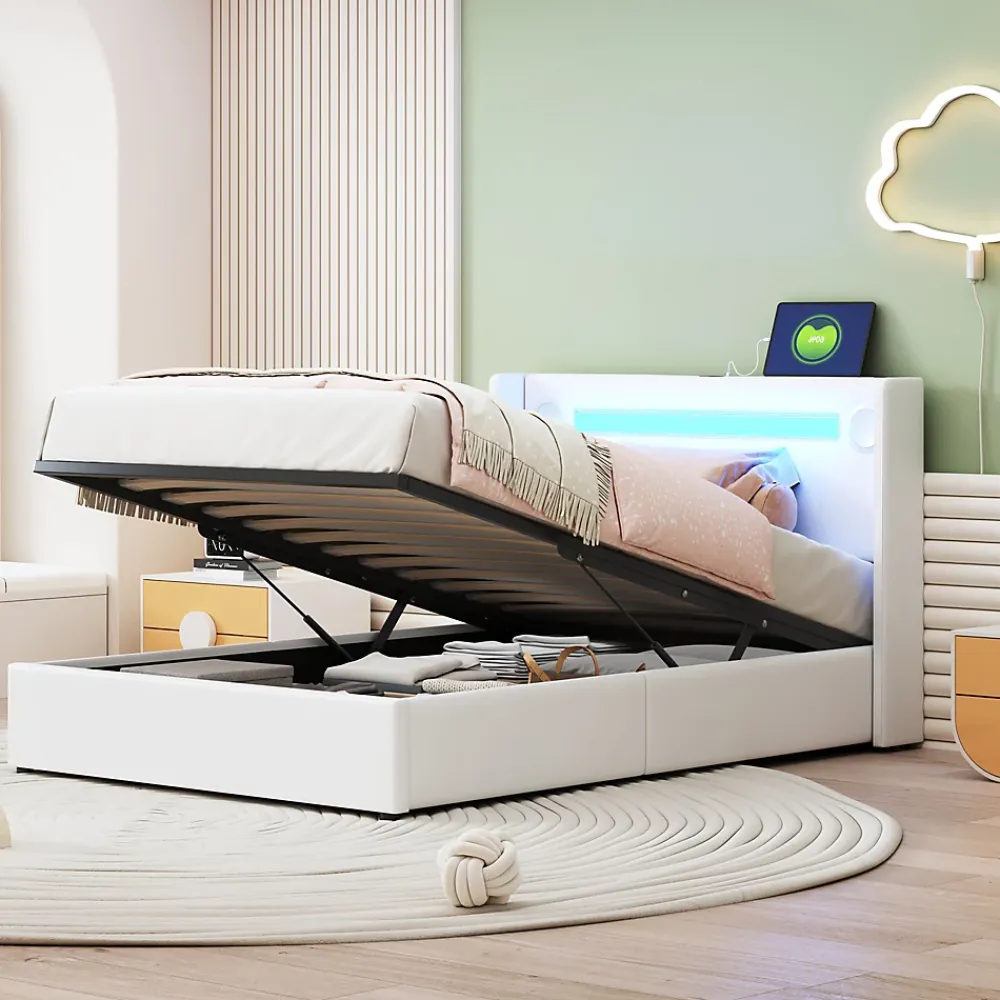 Okwish Lit Coffre 90x200 cm - Lit enfant capitonné avec LED, Lecteur Bluetooth et Port USB, Coffre de Rangement Simili Cuir Blanc* Lit Coffre