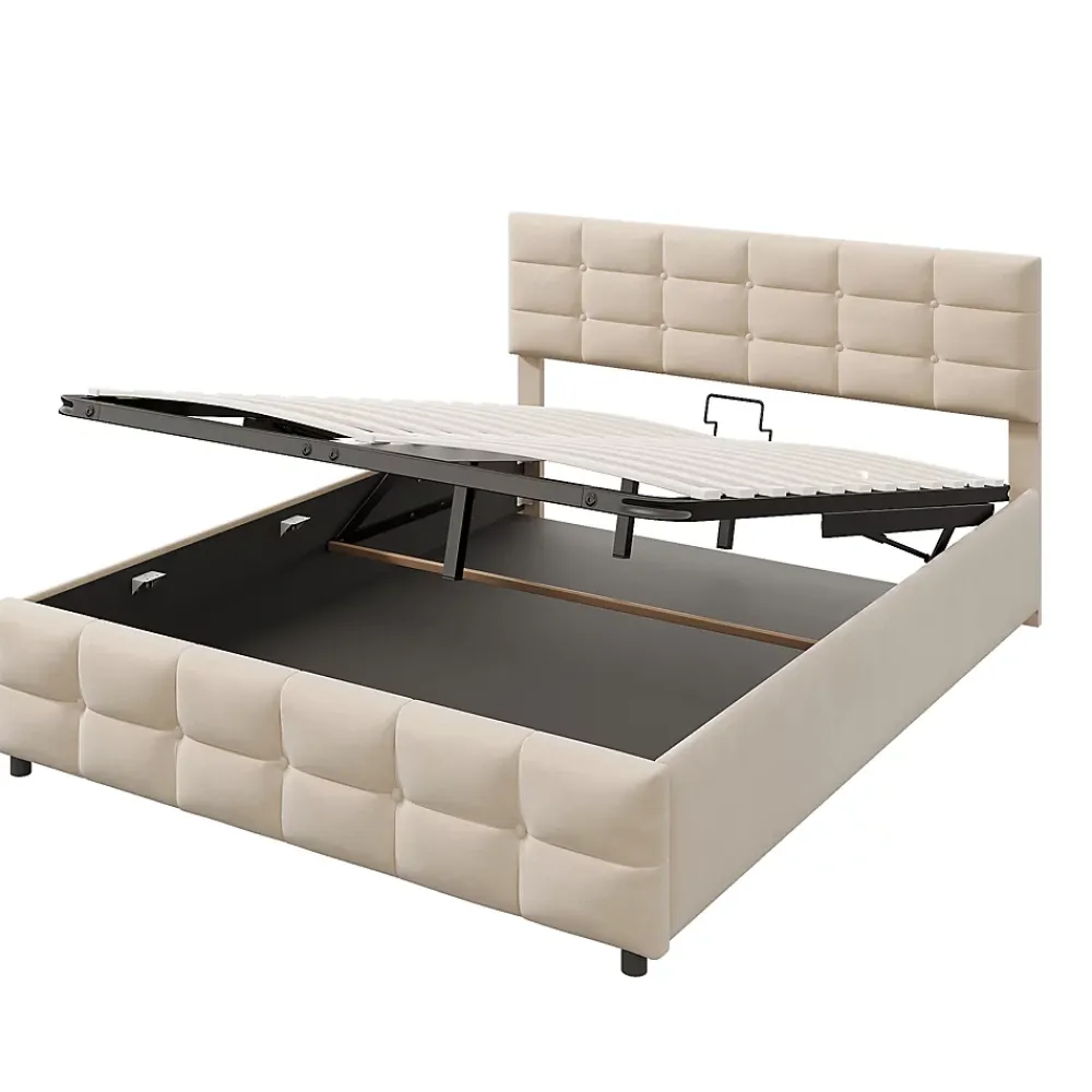 Okwish Lit Coffre 180x200 cm - Lit Hydraulique avec Rangement Sous Le Lit et Sommier À Lattes, Velours Beige, Sans Matelas* Lit Coffre