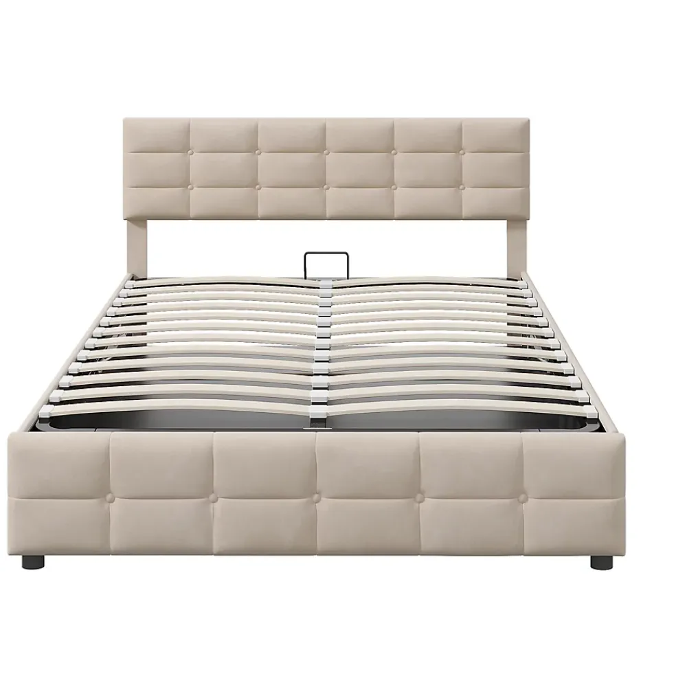 Okwish Lit Coffre 180x200 cm - Lit Hydraulique avec Rangement Sous Le Lit et Sommier À Lattes, Velours Beige, Sans Matelas* Lit Coffre
