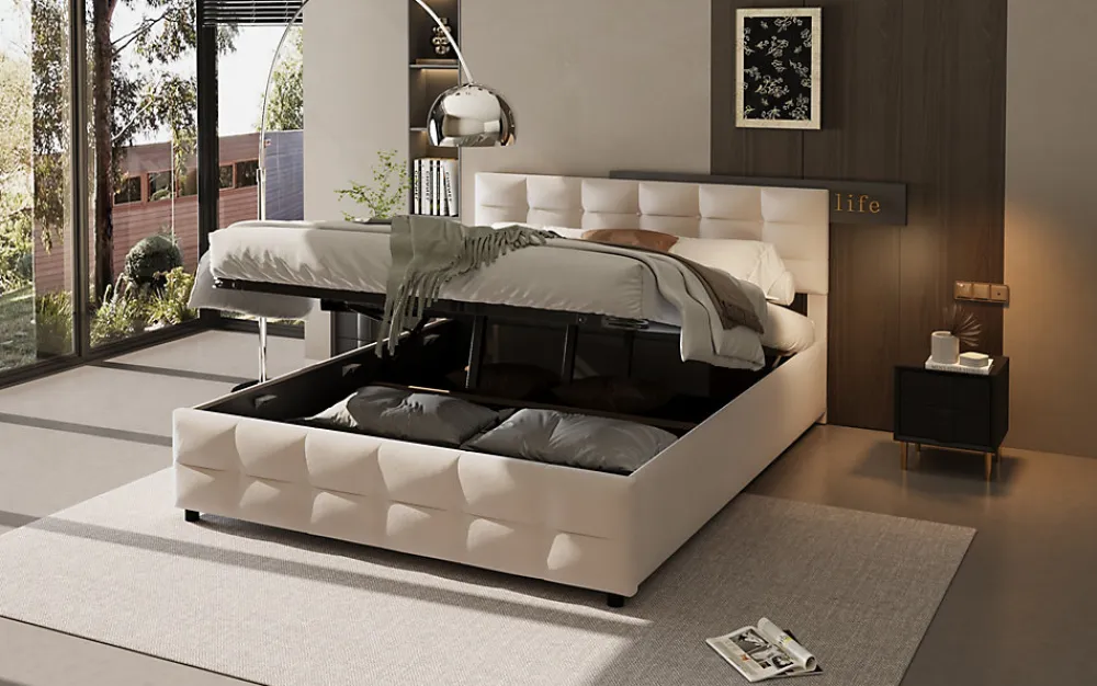 Okwish Lit Coffre 180x200 cm - Lit Hydraulique avec Rangement Sous Le Lit et Sommier À Lattes, Velours Beige, Sans Matelas* Lit Coffre