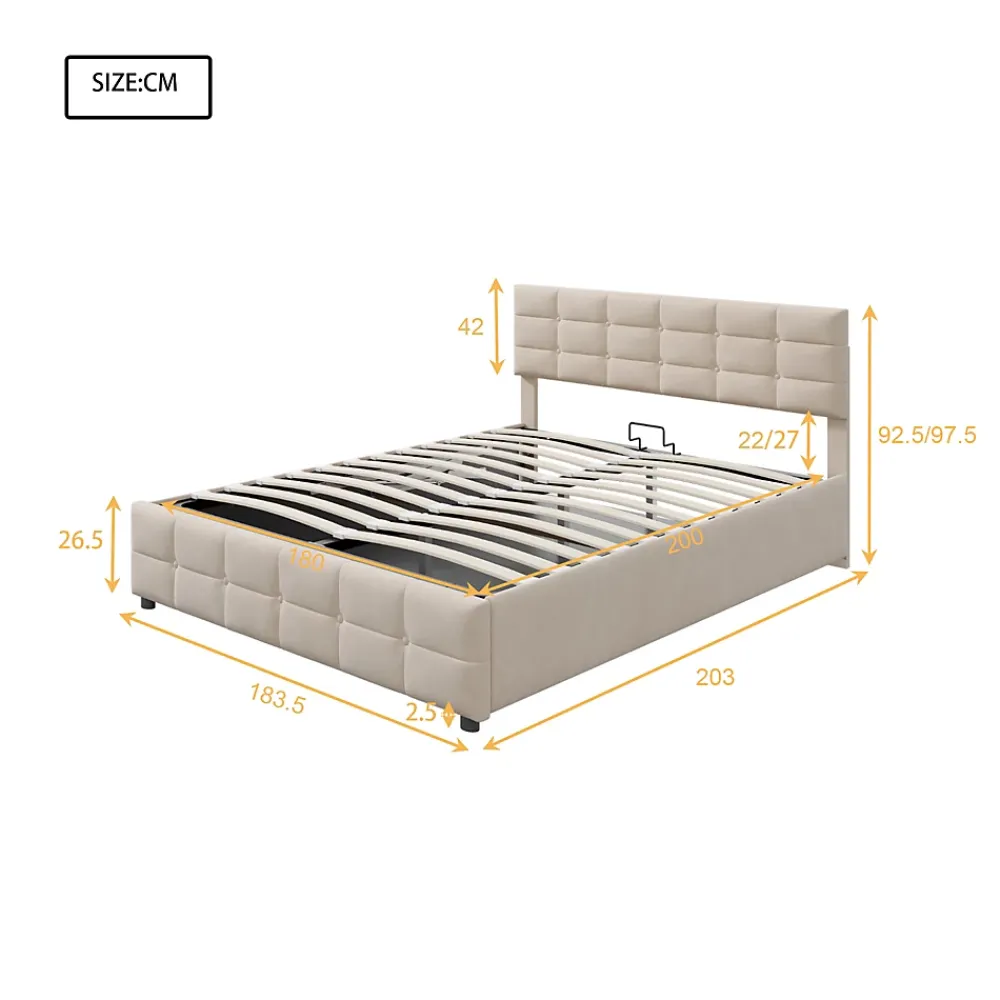 Okwish Lit Coffre 180x200 cm - Lit Hydraulique avec Rangement Sous Le Lit et Sommier À Lattes, Velours Beige, Sans Matelas* Lit Coffre