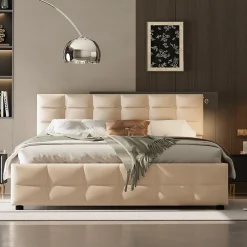 Okwish Lit Coffre 180x200 cm - Lit Hydraulique avec Rangement Sous Le Lit et Sommier À Lattes, Velours Beige, Sans Matelas* Lit Coffre