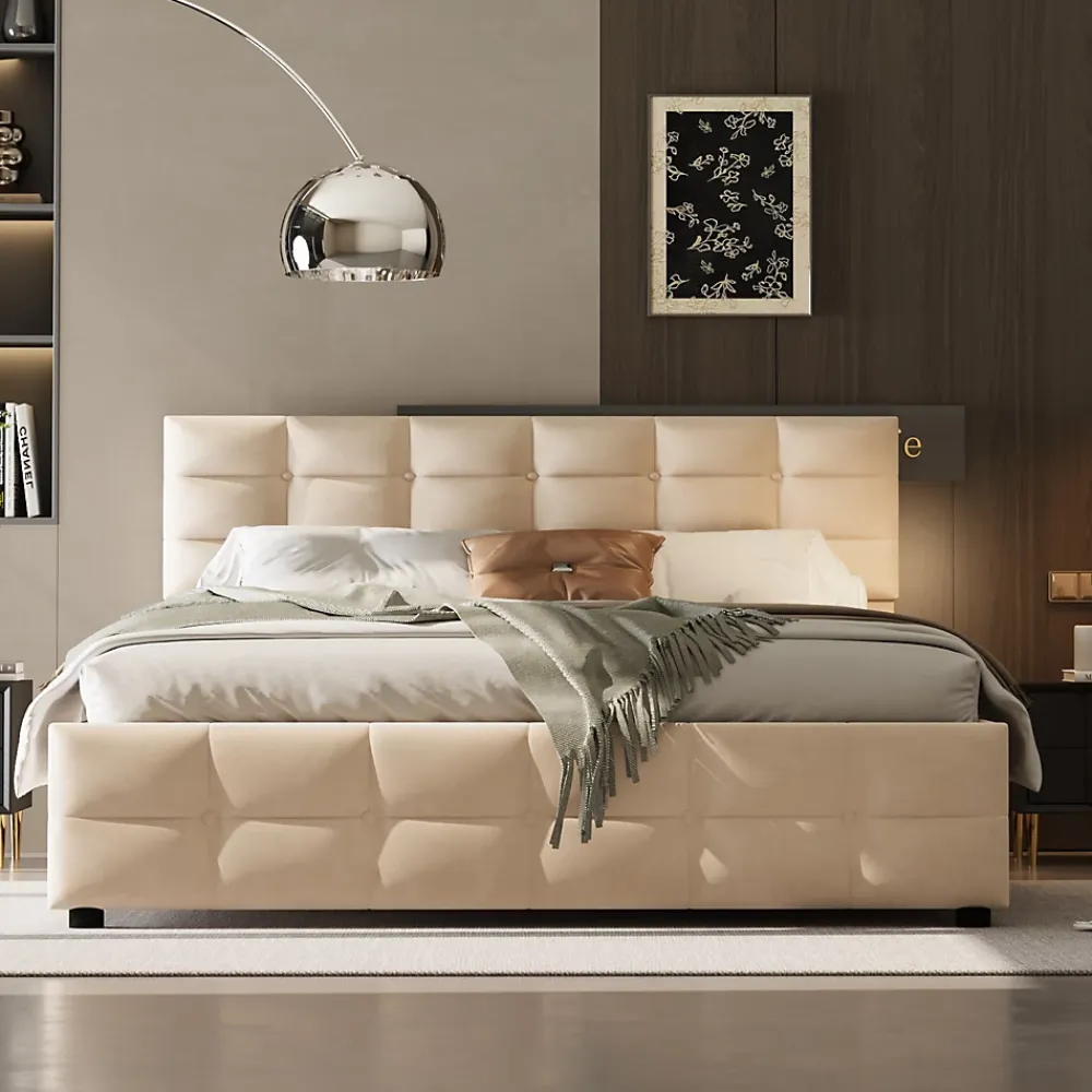 Okwish Lit Coffre 180x200 cm - Lit Hydraulique avec Rangement Sous Le Lit et Sommier À Lattes, Velours Beige, Sans Matelas* Lit Coffre