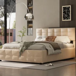 Okwish Lit Coffre 180x200 cm - Lit Hydraulique avec Rangement Sous Le Lit et Sommier À Lattes, Velours Beige, Sans Matelas* Lit Coffre