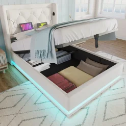 Lit coffre 90x200 cm - Lit simple rembourré avec USB Type-C et LED - PU - Matelas Inclus - Blanc>Okwish Outlet