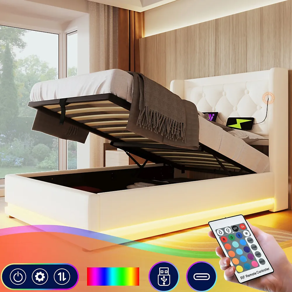Lit coffre 90x200 cm - Lit simple rembourré avec USB Type-C et LED - PU - Matelas Inclus - Blanc>Okwish Outlet