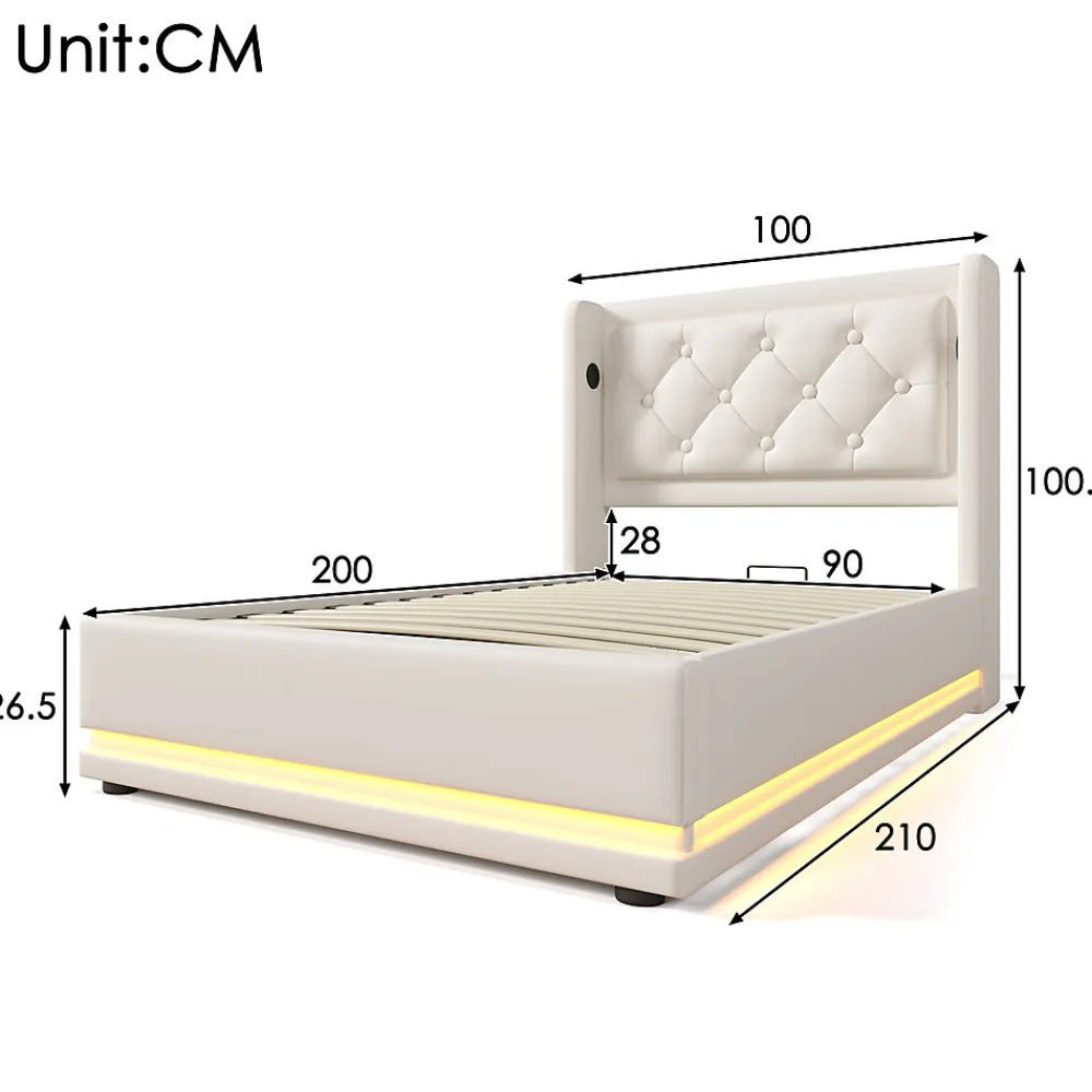 Lit coffre 90x200 cm - Lit simple rembourré avec USB Type-C et LED - PU - Matelas Inclus - Blanc>Okwish Outlet