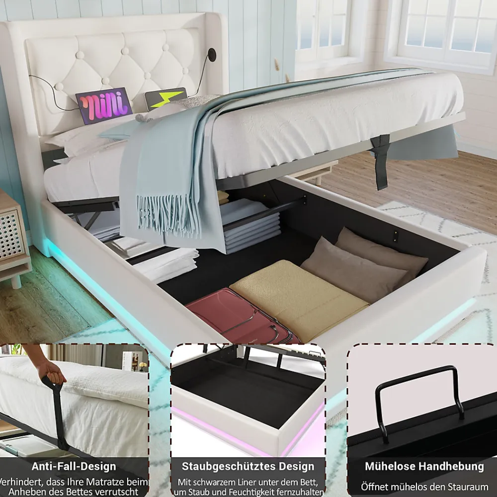 Lit coffre 90x200 cm - Lit simple rembourré avec USB Type-C et LED - PU - Matelas Inclus - Blanc>Okwish Outlet