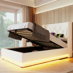 Lit coffre 90x200 cm - Lit simple rembourré avec USB Type-C et LED - PU - Matelas Inclus - Blanc><noscript><img width=