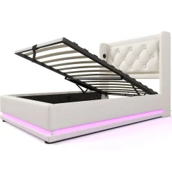 Lit coffre 90x200 cm - Lit simple rembourré avec USB Type-C et LED - PU - Matelas Inclus - Blanc><noscript><img width=