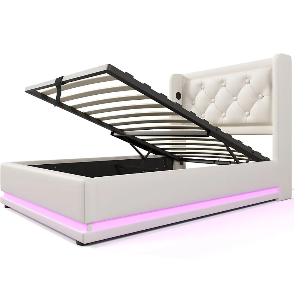 Lit coffre 90x200 cm - Lit simple rembourré avec USB Type-C et LED - PU - Matelas Inclus - Blanc>Okwish Outlet