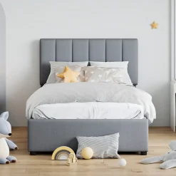 Lit coffre 90x200 cm - Lit simple avec ouverture hydraulique - en lin - Sans Matelas - Gris>Okwish Clearance