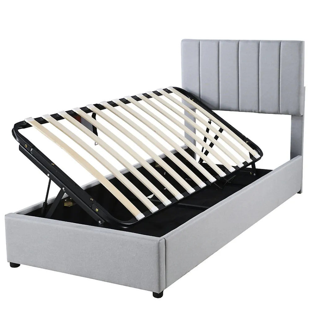 Lit coffre 90x200 cm - Lit simple avec ouverture hydraulique - en lin - Sans Matelas - Gris>Okwish Clearance