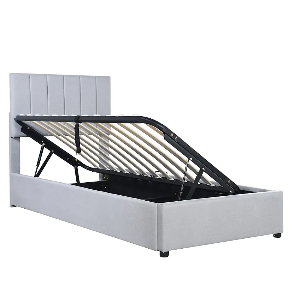 Lit coffre 90x200 cm - Lit simple avec ouverture hydraulique - en lin - Sans Matelas - Gris>Okwish Clearance