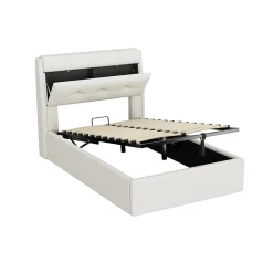 Okwish Lit Coffre 90x200 cm - Lit Simple Capitonné avec Tête de Lit et Rangement Caché - PU - Sans Matelas - Blanc* Lit Coffre