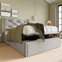 Lit coffre 90x200 cm - Lit simple capitonné avec sommier métallique - Bois massif + Métal - avec Matelas - Gris clair>Okwish Online