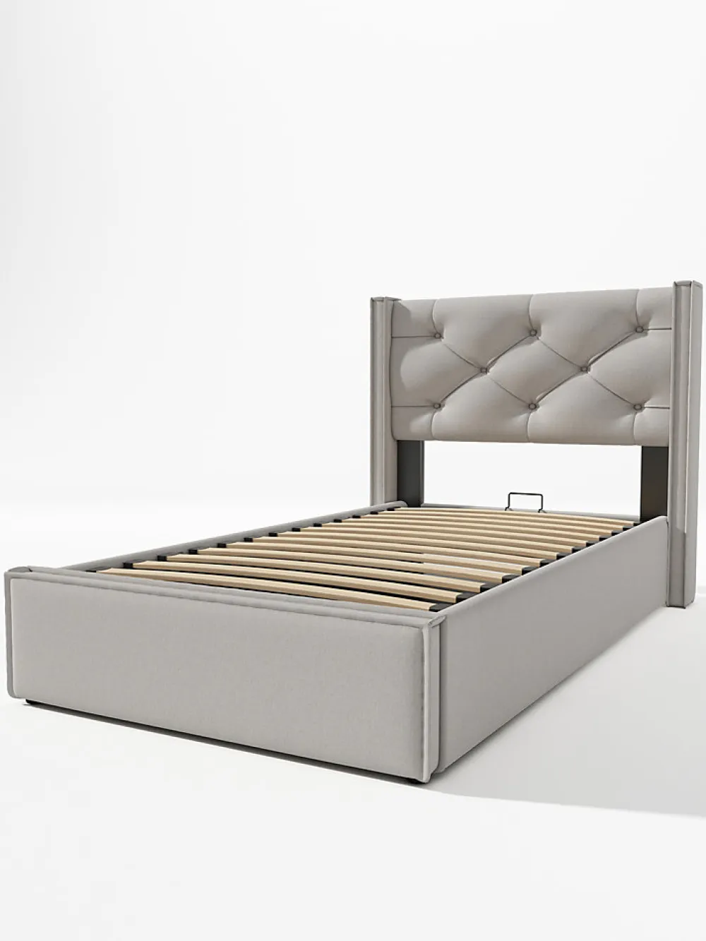 Lit coffre 90x200 cm - Lit simple capitonné avec sommier métallique - Bois massif + Métal - avec Matelas - Gris clair>Okwish Online