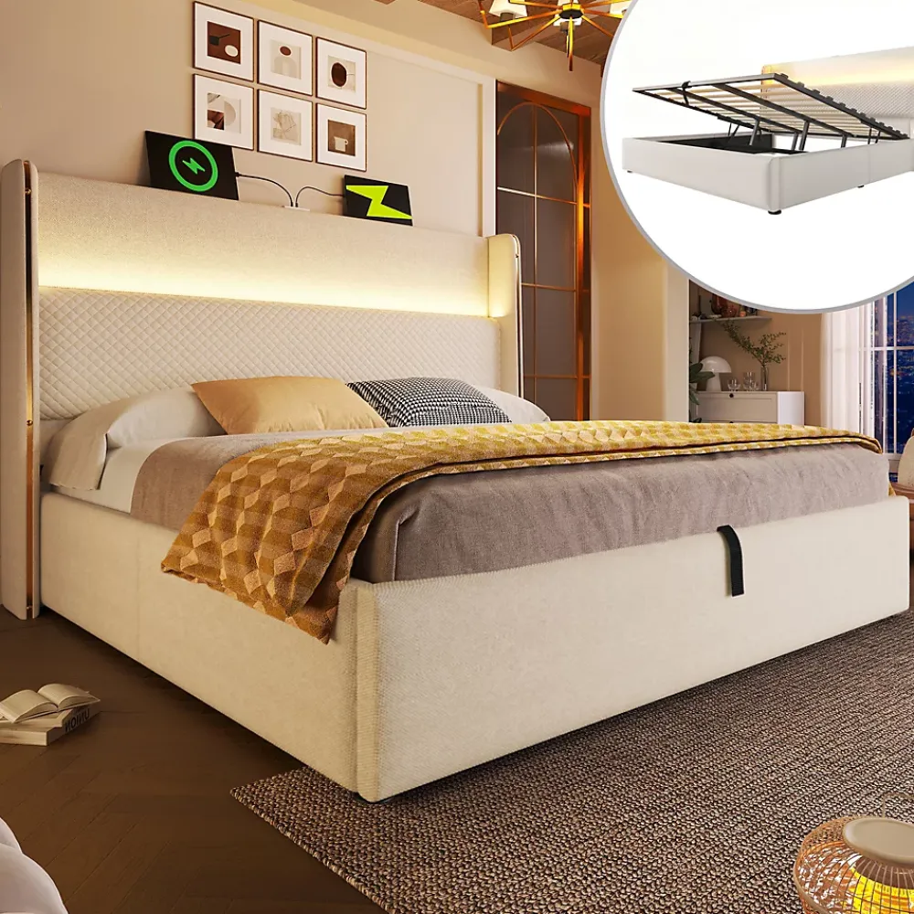 Okwish Lit Coffre 90x200 Cm - Lit Simple Moderne Avec Sommier Relevable Et Éclairage LED - Tissu Aspect Lin Beige* Lit Coffre