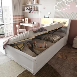 Lit Coffre 90x200 cm - Lit Simple avec Rangement, Tiroirs et Prises USB, Bois de Pin et MDF, Blanc - Sans Matelas>Okwish New