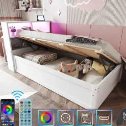 Lit Coffre 90x200 cm - Lit Simple avec Rangement, Tiroirs et Prises USB, Bois de Pin et MDF, Blanc - Sans Matelas>Okwish New