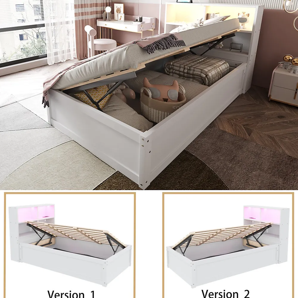 Lit Coffre 90x200 cm - Lit Simple avec Rangement, Tiroirs et Prises USB, Bois de Pin et MDF, Blanc - Sans Matelas>Okwish New