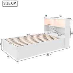 Lit Coffre 90x200 cm - Lit Simple avec Rangement, Tiroirs et Prises USB, Bois de Pin et MDF, Blanc - Sans Matelas><noscript><img width=