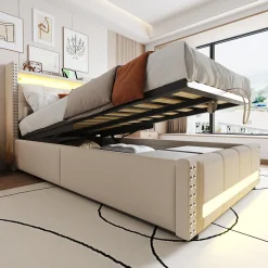 Lit Coffre 90x200 cm - Lit Simple avec Rangement, Éclairage LED Télécommandé et Prise USB, Sans Matelas, Beige>Okwish Discount