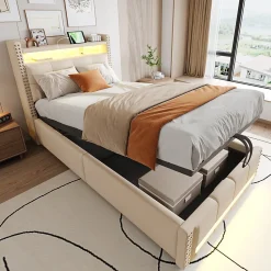 Lit Coffre 90x200 cm - Lit Simple avec Rangement, Éclairage LED Télécommandé et Prise USB, Sans Matelas, Beige>Okwish Discount