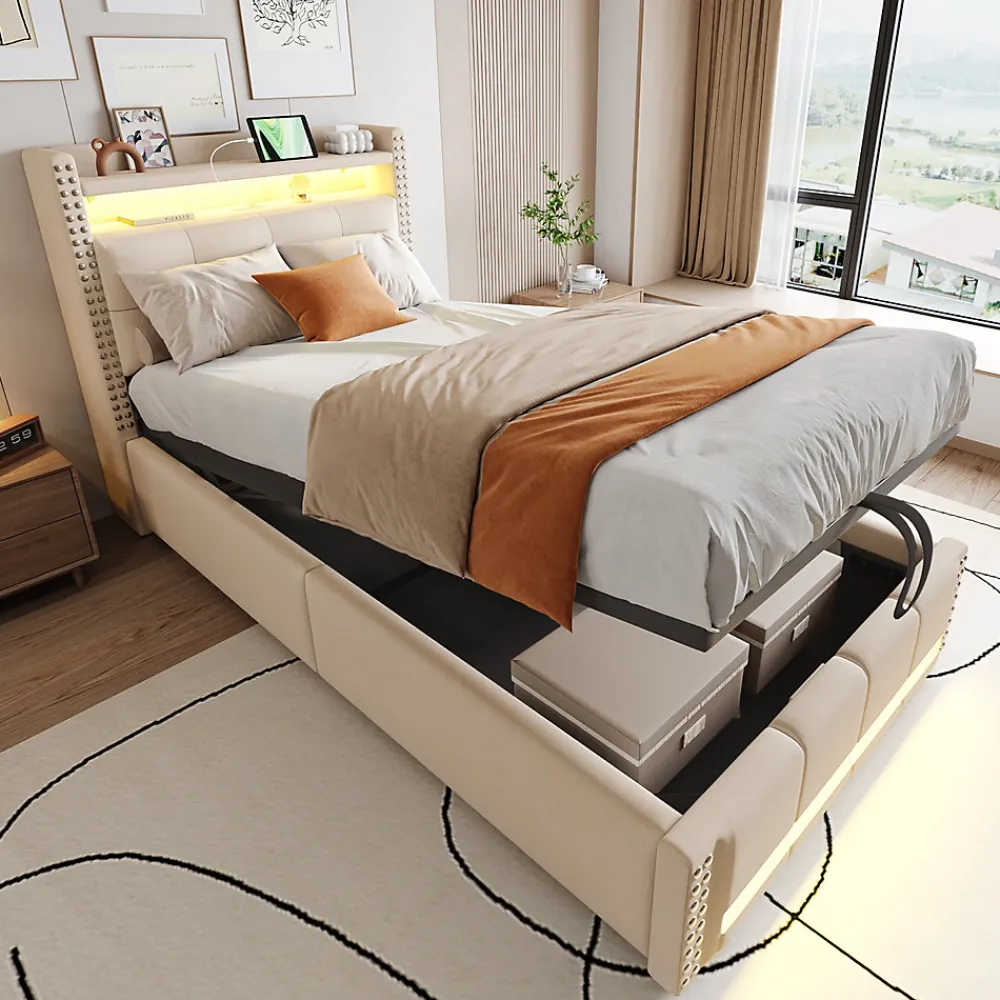 Lit Coffre 90x200 cm - Lit Simple avec Rangement, Éclairage LED Télécommandé et Prise USB, Sans Matelas, Beige>Okwish Discount