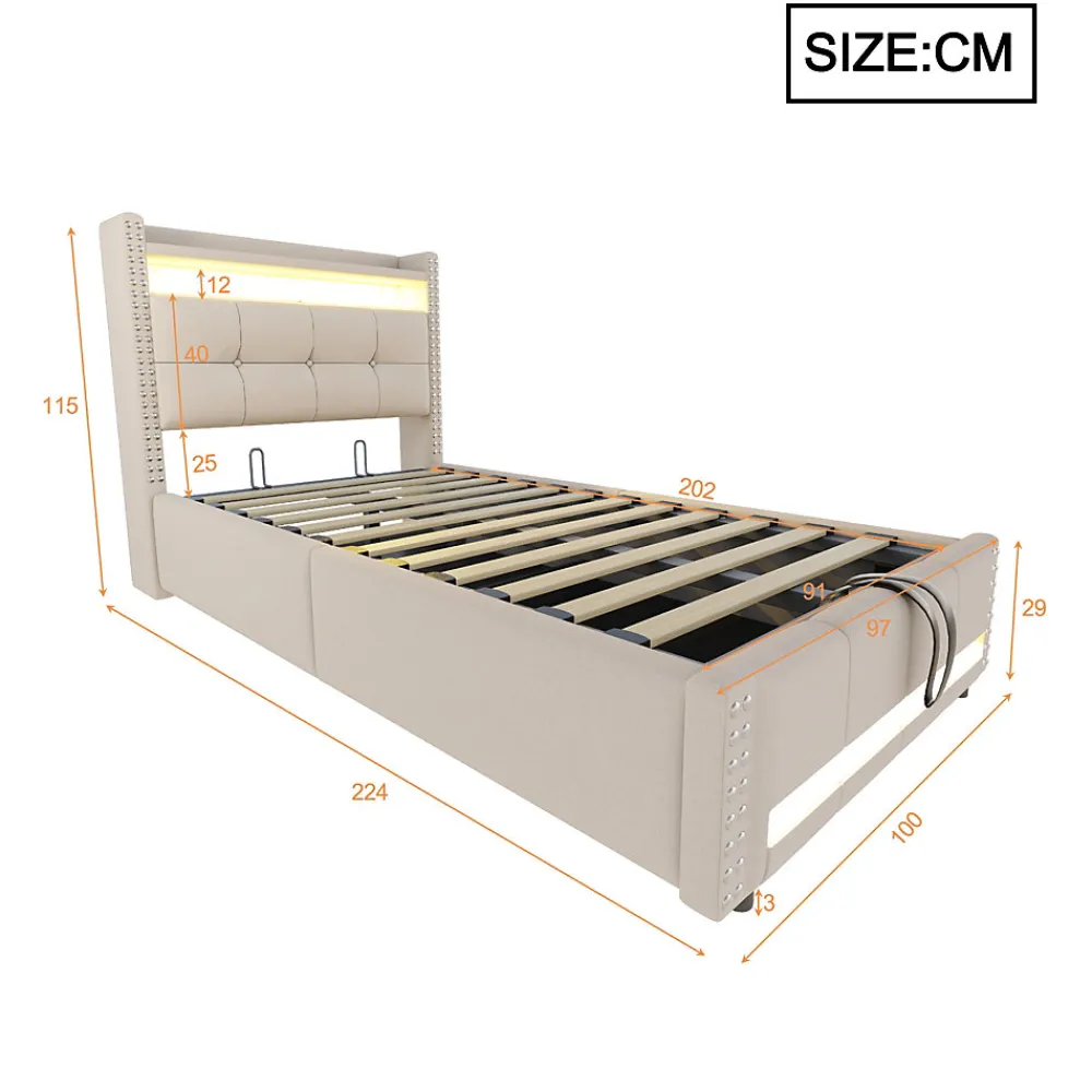 Lit Coffre 90x200 cm - Lit Simple avec Rangement, Éclairage LED Télécommandé et Prise USB, Sans Matelas, Beige>Okwish Discount