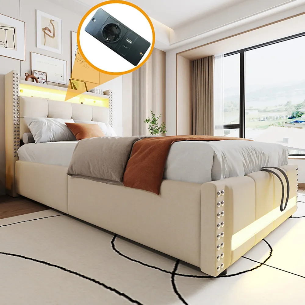 Lit Coffre 90x200 cm - Lit Simple avec Rangement, Éclairage LED Télécommandé et Prise USB, Sans Matelas, Beige>Okwish Discount
