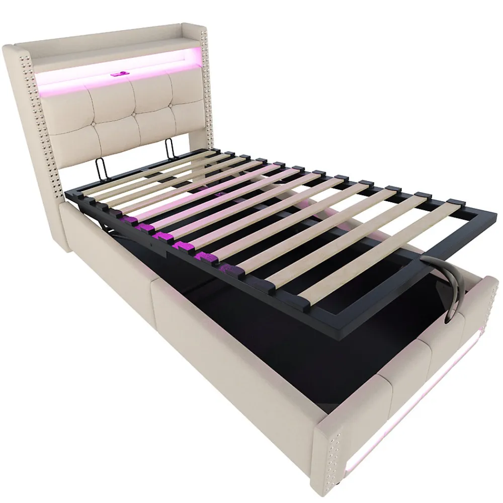 Lit Coffre 90x200 cm - Lit Simple avec Rangement, Éclairage LED Télécommandé et Prise USB, Sans Matelas, Beige>Okwish Discount