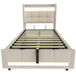 Lit Coffre 90x200 cm - Lit Simple avec Rangement, Éclairage LED Télécommandé et Prise USB, Sans Matelas, Beige><noscript><img width=