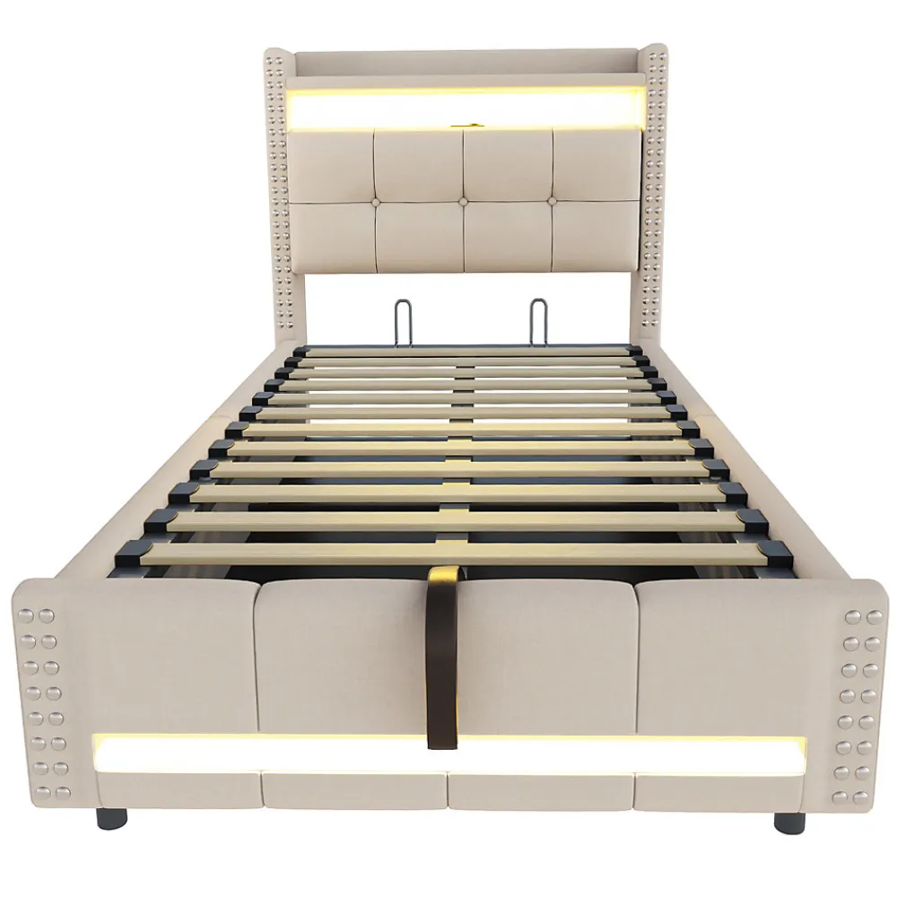Lit Coffre 90x200 cm - Lit Simple avec Rangement, Éclairage LED Télécommandé et Prise USB, Sans Matelas, Beige>Okwish Discount