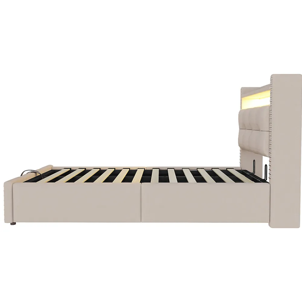 Lit Coffre 90x200 cm - Lit Simple avec Rangement, Éclairage LED Télécommandé et Prise USB, Sans Matelas, Beige>Okwish Discount