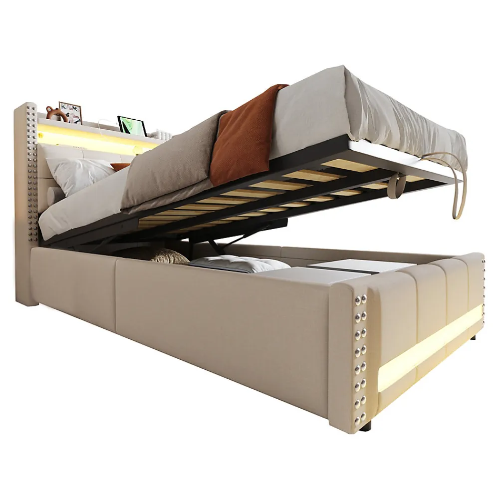 Lit Coffre 90x200 cm - Lit Simple avec Rangement, Éclairage LED Télécommandé et Prise USB, Sans Matelas, Beige>Okwish Discount