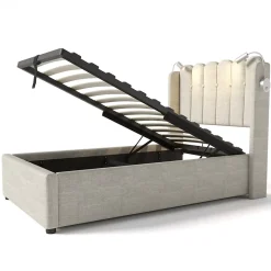 Okwish Lit Coffre 90x200 Cm - Lit Simple avec Ports USB et Lampe de Lecture - Lin - Sans Matelas - Beige* Lit Coffre