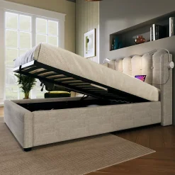 Okwish Lit Coffre 90x200 Cm - Lit Simple avec Ports USB et Lampe de Lecture - Lin - Sans Matelas - Beige* Lit Coffre