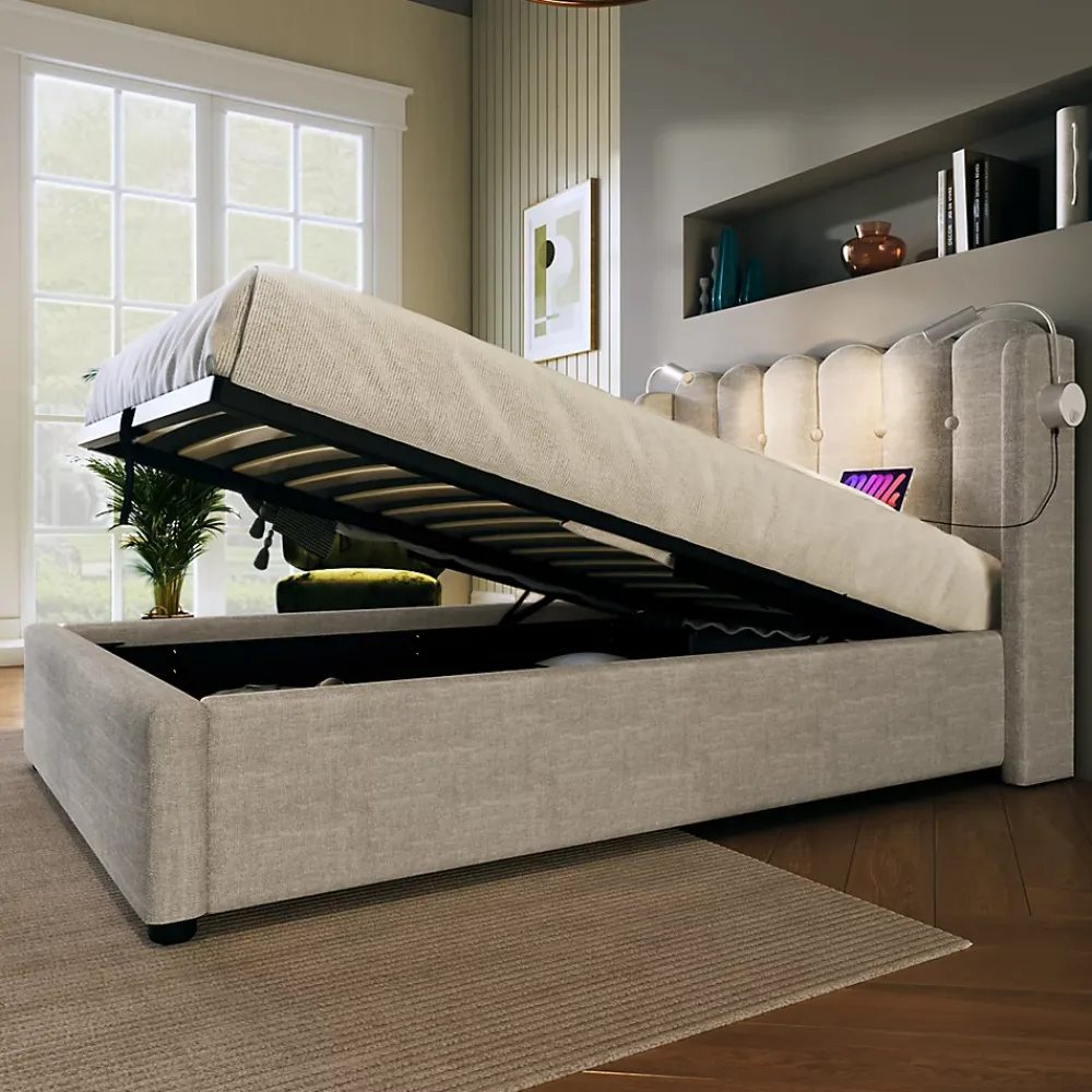 Okwish Lit Coffre 90x200 Cm - Lit Simple avec Ports USB et Lampe de Lecture - Lin - Sans Matelas - Beige* Lit Coffre