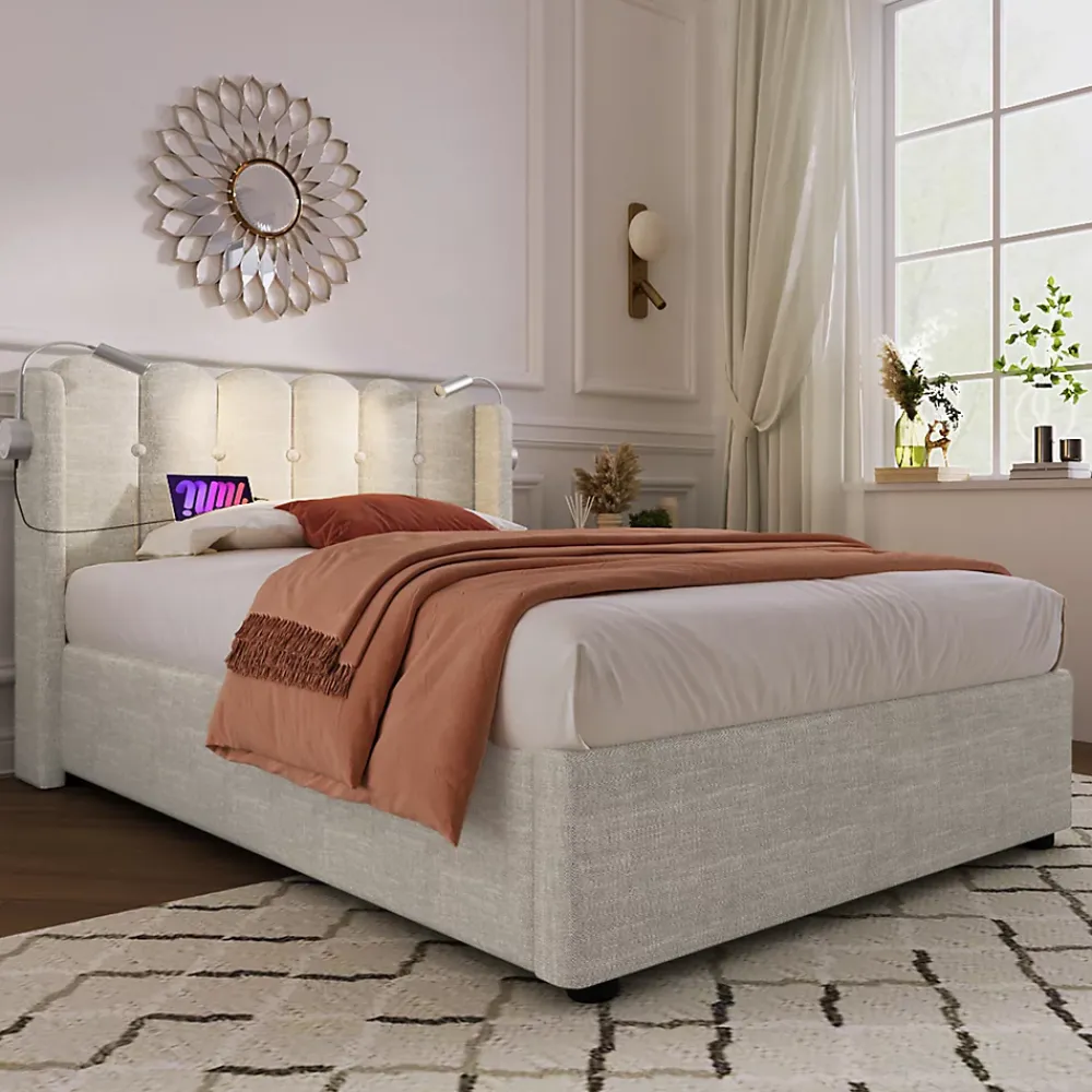 Okwish Lit Coffre 90x200 Cm - Lit Simple avec Ports USB et Lampe de Lecture - Lin - Sans Matelas - Beige* Lit Coffre