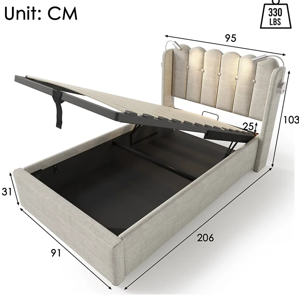 Okwish Lit Coffre 90x200 Cm - Lit Simple avec Ports USB et Lampe de Lecture - Lin - Sans Matelas - Beige* Lit Coffre