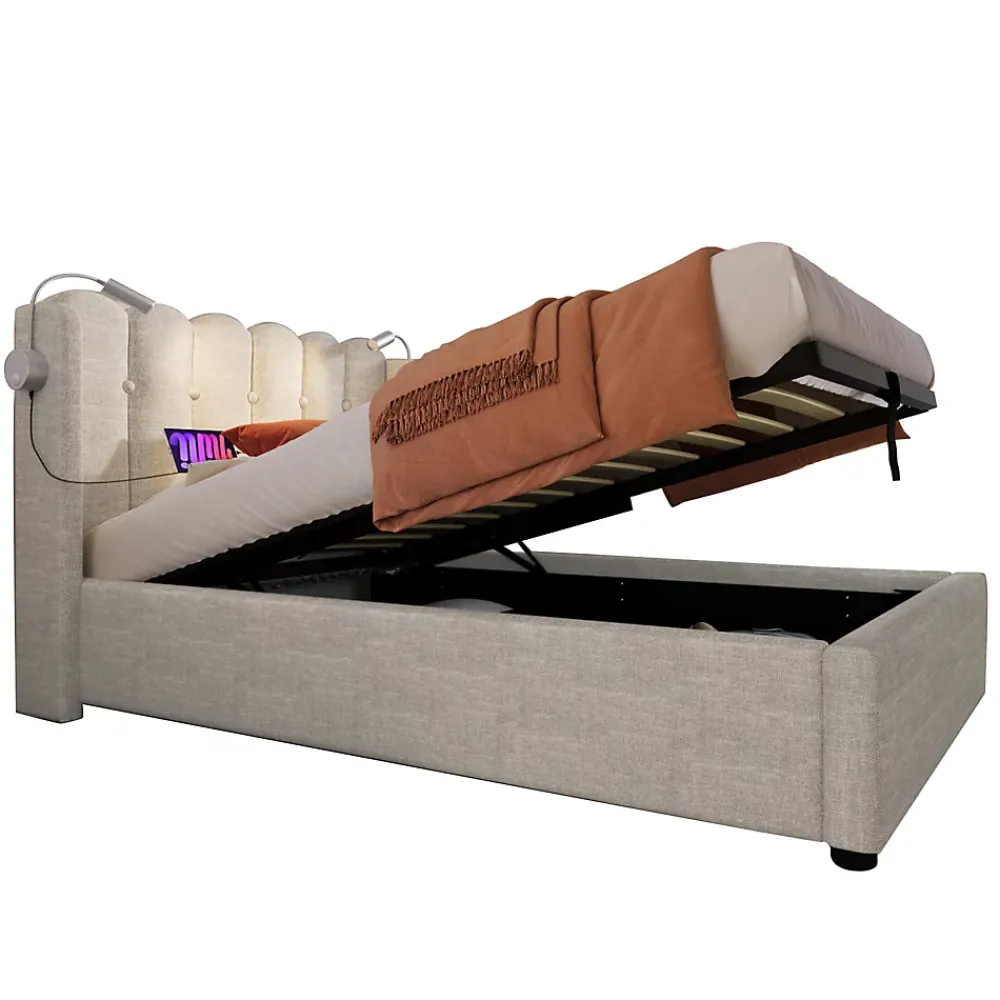 Okwish Lit Coffre 90x200 Cm - Lit Simple avec Ports USB et Lampe de Lecture - Lin - Sans Matelas - Beige* Lit Coffre