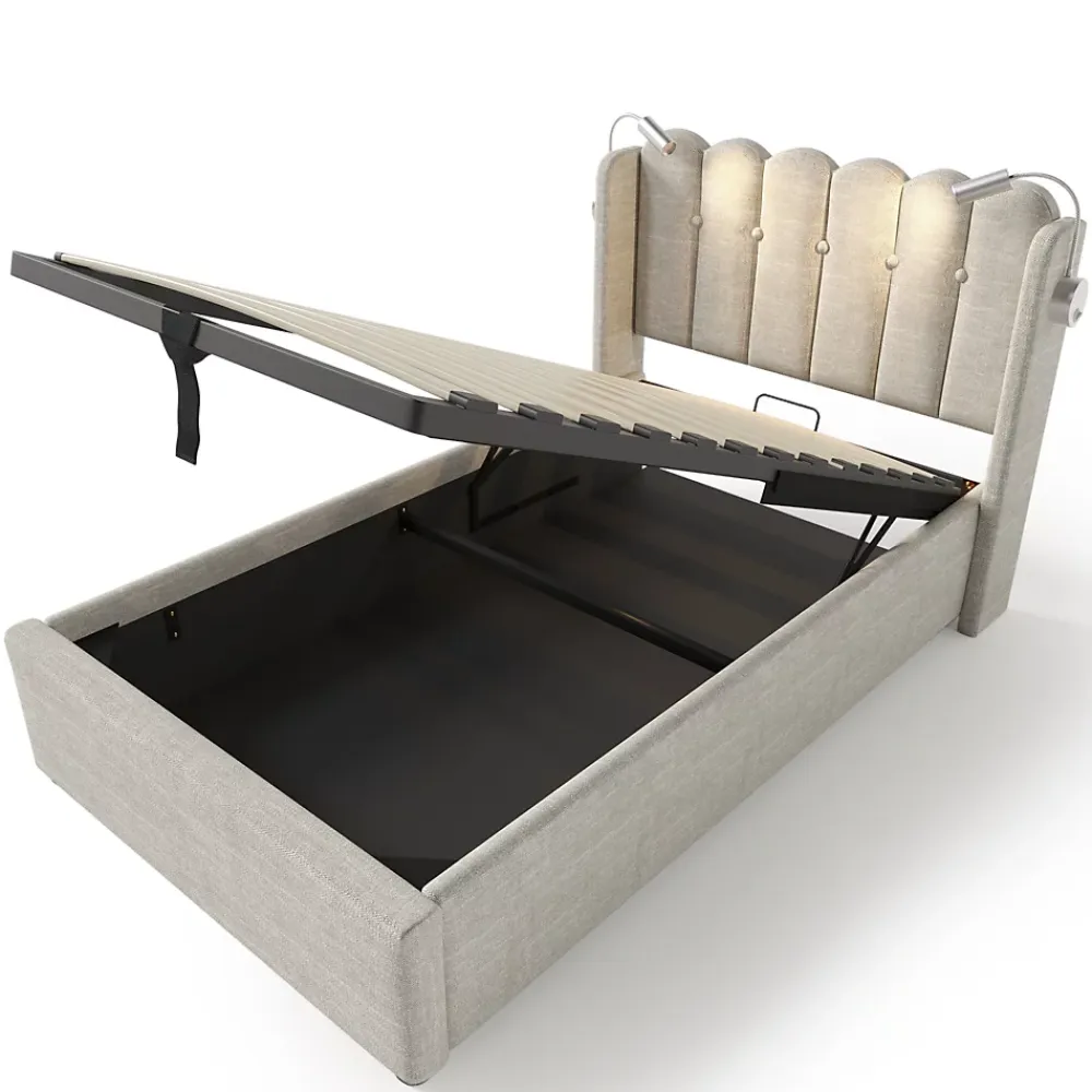 Okwish Lit Coffre 90x200 Cm - Lit Simple avec Ports USB et Lampe de Lecture - Lin - Sans Matelas - Beige* Lit Coffre