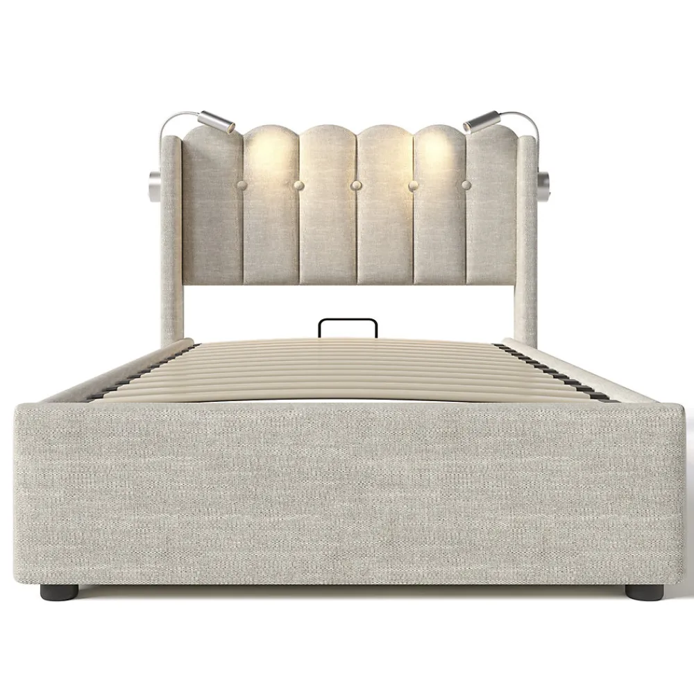 Okwish Lit Coffre 90x200 Cm - Lit Simple avec Ports USB et Lampe de Lecture - Lin - Sans Matelas - Beige* Lit Coffre