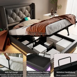 Lit coffre 90x200 cm - Lit simple rembourré avec USB Type-C et LED - PU - Sans Matelas - Noir><noscript><img width=