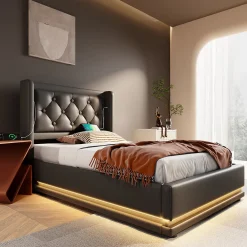Lit coffre 90x200 cm - Lit simple rembourré avec USB Type-C et LED - PU - Sans Matelas - Noir><noscript><img width=