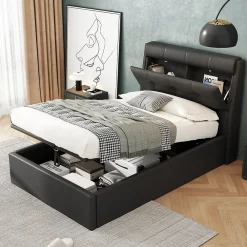 Lit Coffre 90x200 cm - Lit Simple Capitonné avec Tête de Lit et Rangement Caché - PU - Sans Matelas - Noir>Okwish Best