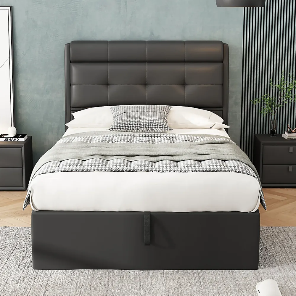 Lit Coffre 90x200 cm - Lit Simple Capitonné avec Tête de Lit et Rangement Caché - PU - Sans Matelas - Noir>Okwish Best
