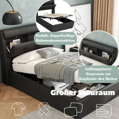 Lit Coffre 90x200 cm - Lit Simple Capitonné avec Tête de Lit et Rangement Caché - PU - Sans Matelas - Noir><noscript><img width=
